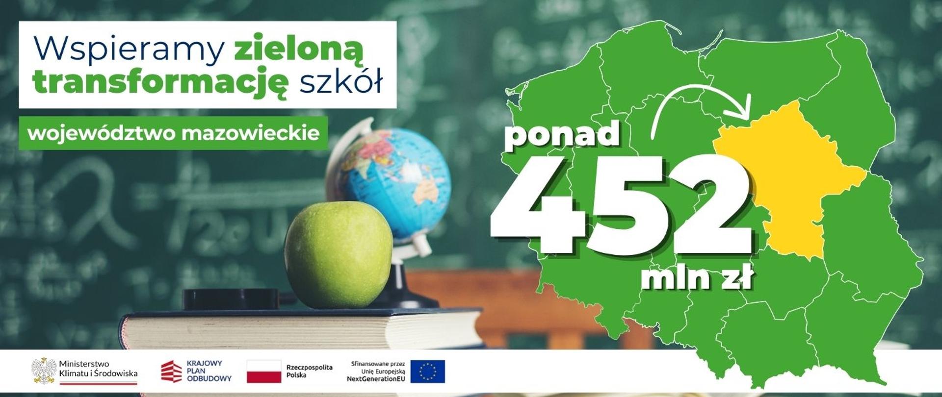 Na banerze po lewej stronie widnieje napis: Wspieramy zieloną transformację szkół województwo mazowieckie. Po prawej stronie widoczna jest mapa Polski z zaznaczonym na żółto woj. mazowieckim i napisem ponad 452 mln zł.