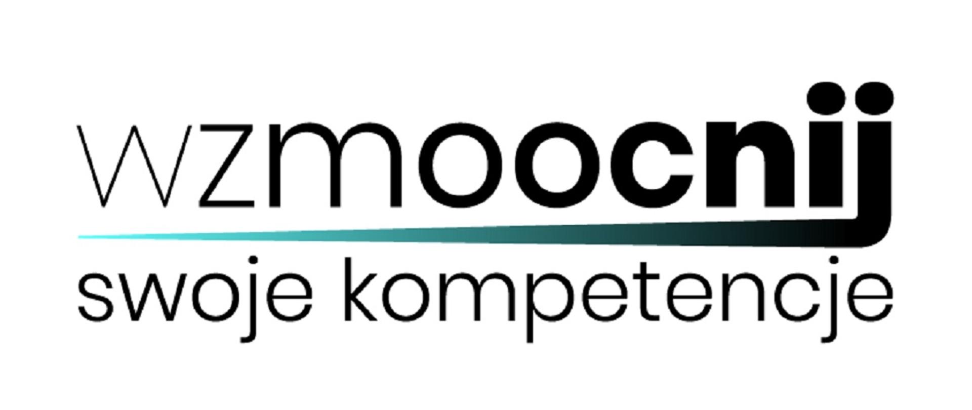 Black inscription "Strengthen your competences", expressed in the form of a logotype. At the top, the word "strengthen" with increasingly stronger bold on subsequent letters. From the letter "j" there is a horizontally tapering strip separating the two parts of the inscription. At the bottom, the inscription "your competences".
