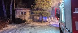 Pożar parterowego budynku mieszkalnego, kłęby dymów wydostają się z pod dachu budynku, strażacy ubrani w czerwone hełmy, ubranie specjalne i aparaty powietrzne prowadzą działania, jeden podaje prąd wody na elewację budynku schładzając ją, drugi prowadzi działania na dachu budynku, na ścianie budynku widać dwa okna, o budynek strażacy oparli drabinę by móc po niej wchodzić na dach, przed budynkiem rośnie wysokie drzewo iglaste świerk, wokół budynku widać drzewa, na ziemi leży śnieg, z prawej strony stoi wóz strażacki.