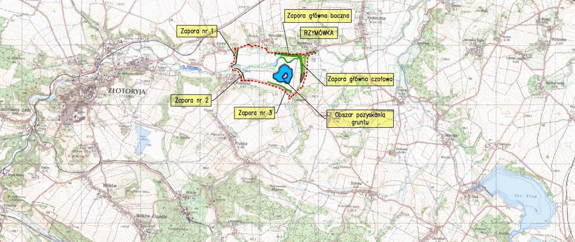 Lokalizacja projektowanego suchego zbiornika przeciwpowodziowego Rzymówka na Kaczawie.