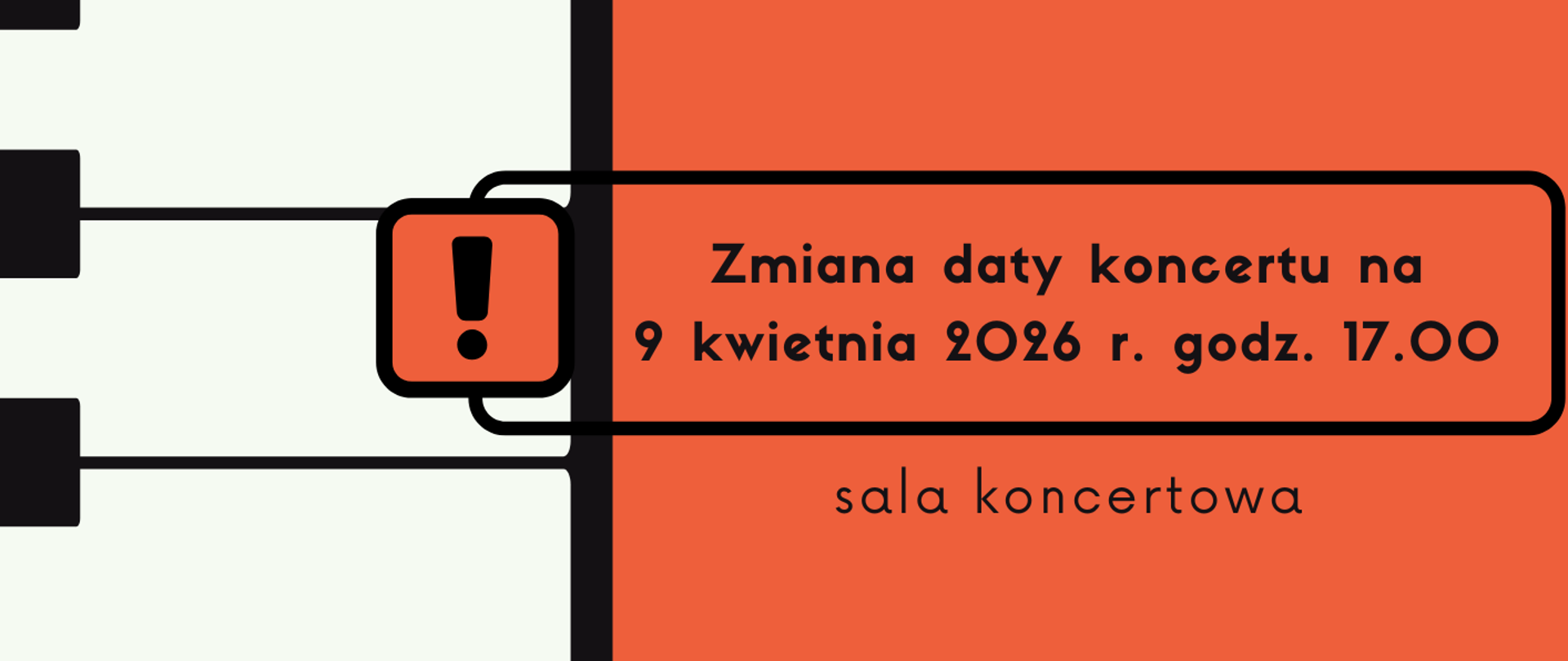 Plakat ze szczegółami koncertu na pomarańczowym tle z grafiką klawiatury fortepianu po lewej stronie oraz kluczem wiolinowym na środku plakatu