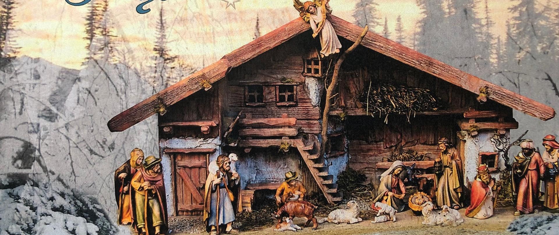 Kartka świąteczna na której jest tradycyjna szopka