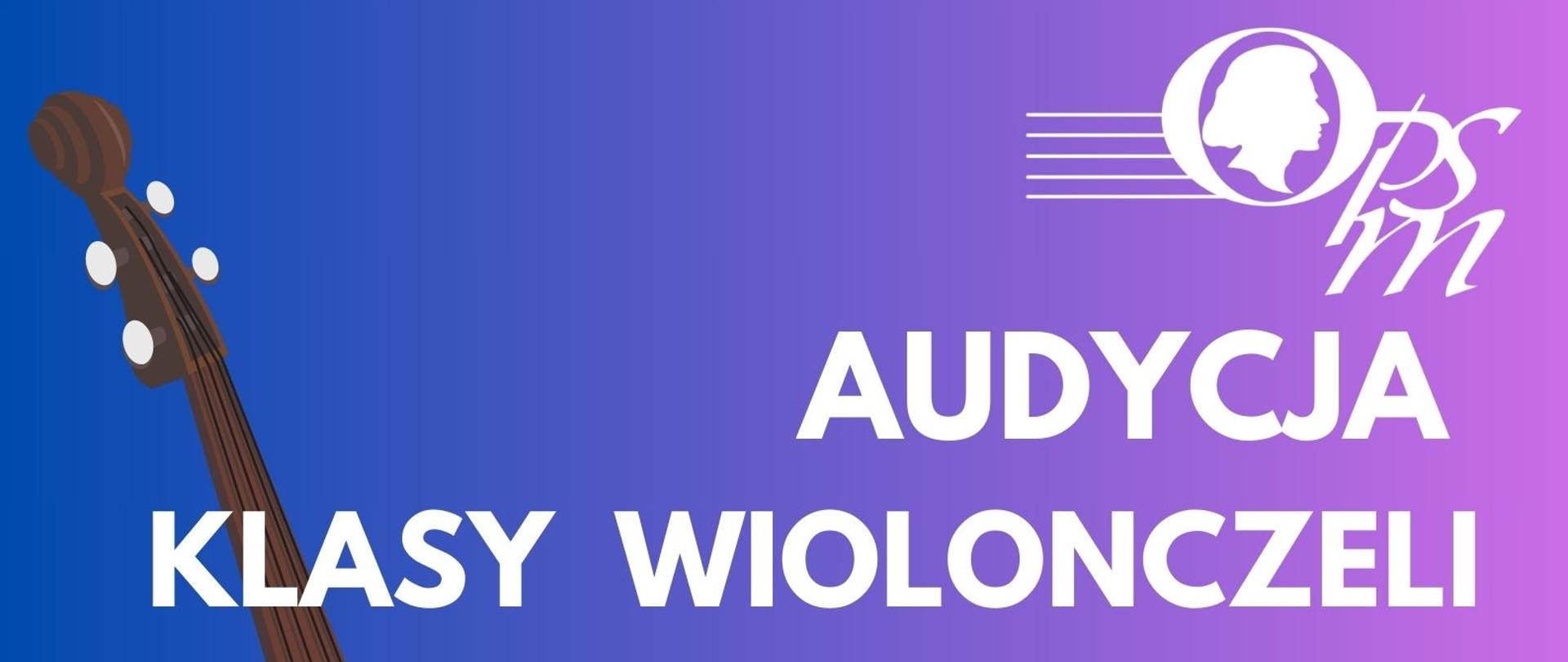 z lewej strony grafika przedstawiająca wiolonczelę oraz smyczek, w prawym górnym rogu biała logo szkoły, całość na fioletowym tle