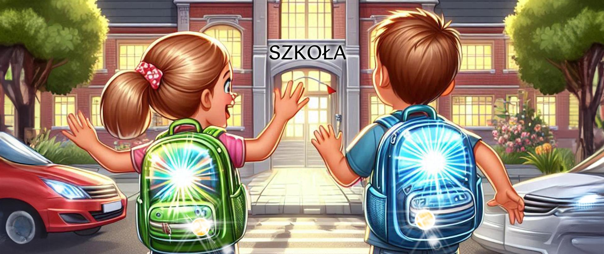 dzieci idące po przejściu dla pieszych do szkoły