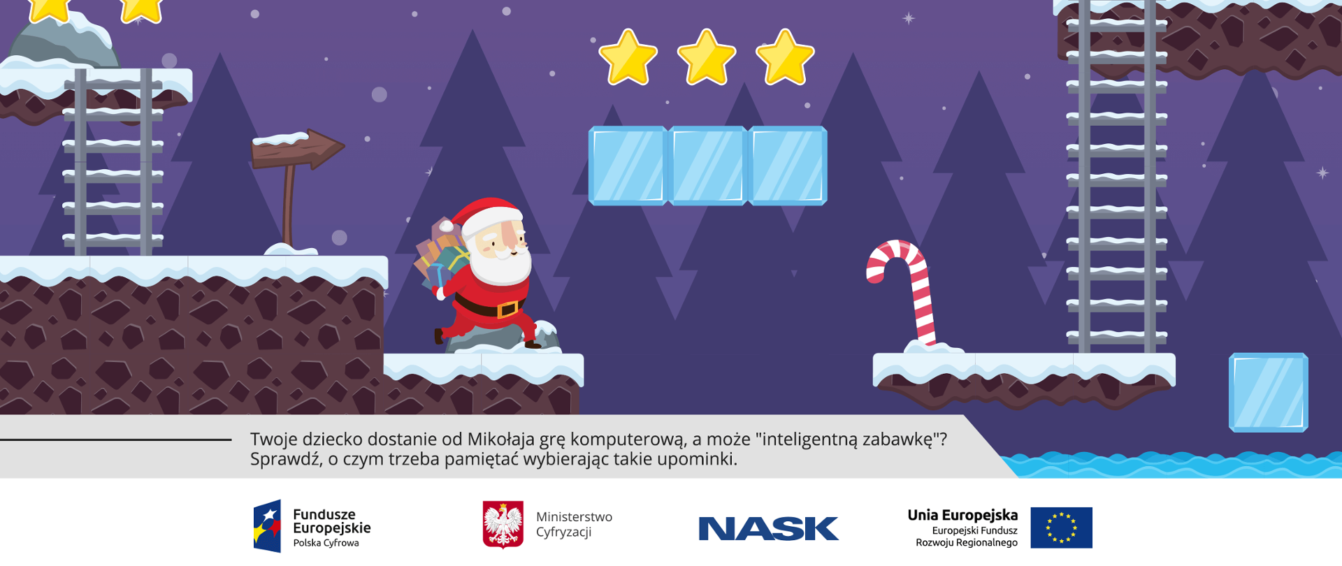 Scena jak z gry komputerowej. Mikołaj z prezentami na plecach szykuje się do skoku na kolejną platformę.