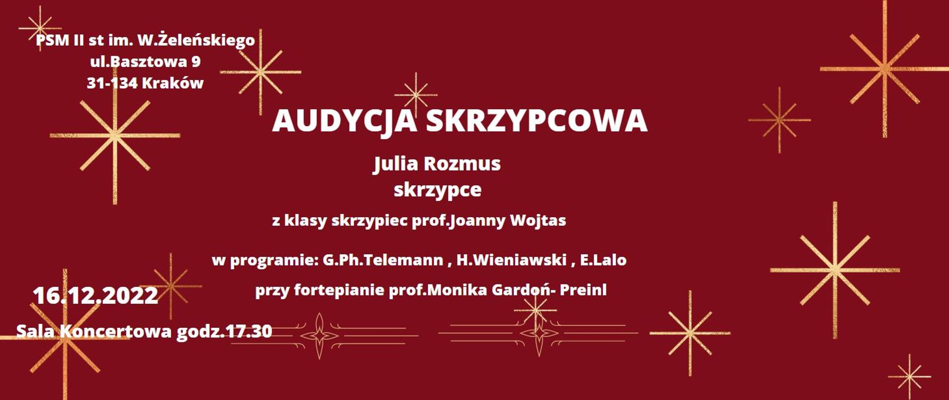 Na czerwonym tle z gwiazdkami napis audycja skrzypcowa Julia Rozmus 16.12.2022 