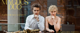 Plakat promujący występ zespołu MagDuś Duo. 6 maja 2025 r, godz. 17:30, sala koncertowa. Grafika przedstawia członków zespołu wraz z instrumentami - fortepianem i saksofonem.