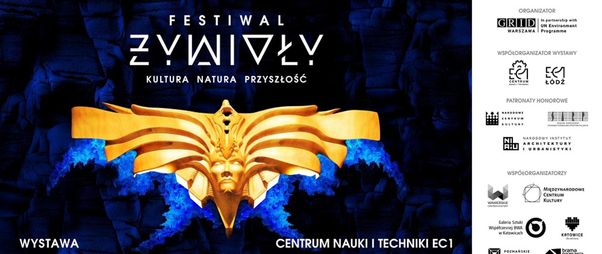Plakat promujący wydarzenie. Złota maska otoczona wodą. Wystawa. Centrum Nauki i Techniki EC1. Po prawej stronie patroni wystawy