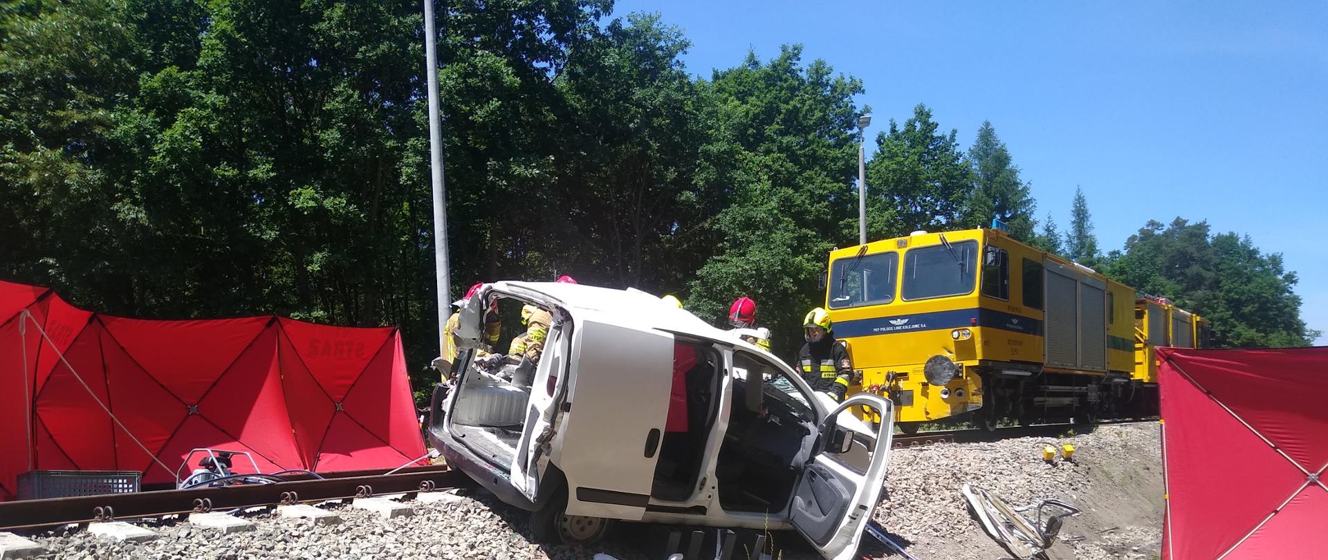 wypadek na torach kolejowych, uszkodzony biały samochód znajduje się przed żółta lokomotywą 