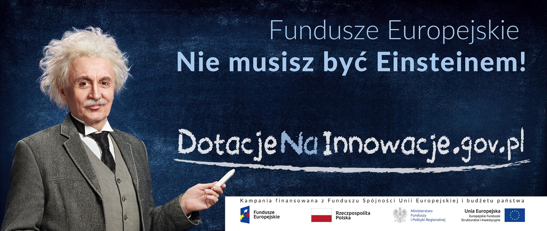 na grafice postać Einsteina i napis na tablicy szkolnej Dotacje na Innowacje