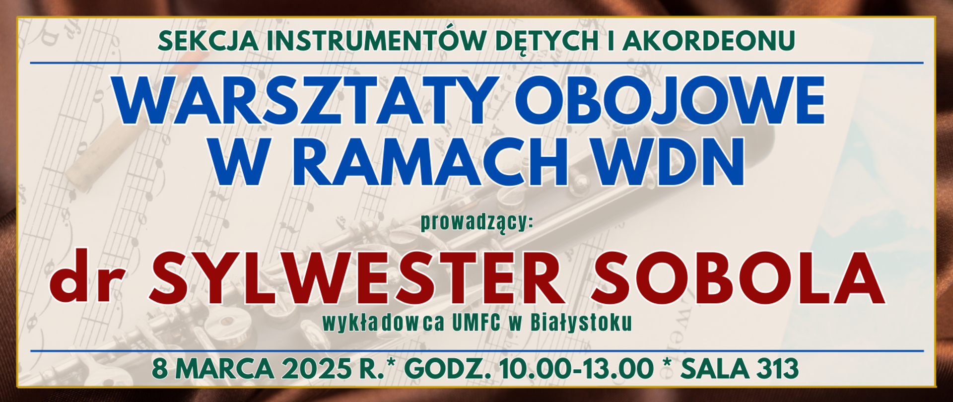 baner z ciemnobrązową ramką w środku półprzezroczysty obój na nutach oraz informacja o wydarzeniu