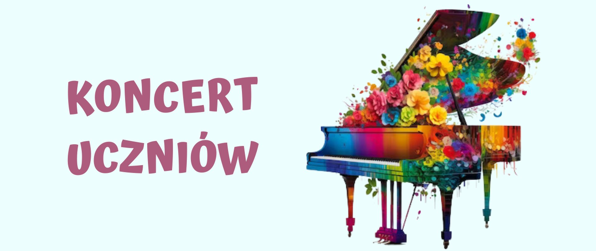 Tło obrazka w kolorze błękitnym. Po lewej stronie fioletowy napis: "Koncert uczniów". Po prawej stronie grafika kolorowego fortepianu udekorowanego barwnymi kwiatami: czerwonymi, pomarańczowymi, żółtymi, niebieskimi.