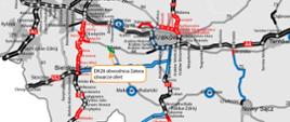 Mapka części Małopolski z naniesionymi inwestycjami, w tym zaznaczona obwodnica Zatora - otwarcie ofert