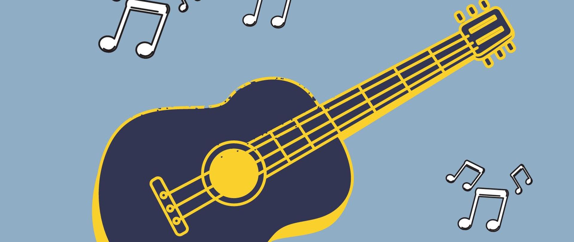 Grafika - afisz. Górna połowa tło jasnoniebieskie z graficznym wizerunkiem gitary otoczonej nutkami. poniżej pasek z napisem KONCERT. na samym dole tlo szare z napisami: w wykonaniu uczniów z klas gitary Dominika Mas i Wojciecha Radziejewskiego środa, 12 kwietnia 2023 godz. 17.30 Sala Koncertowa im. Jerzego Kozarzewskiego.