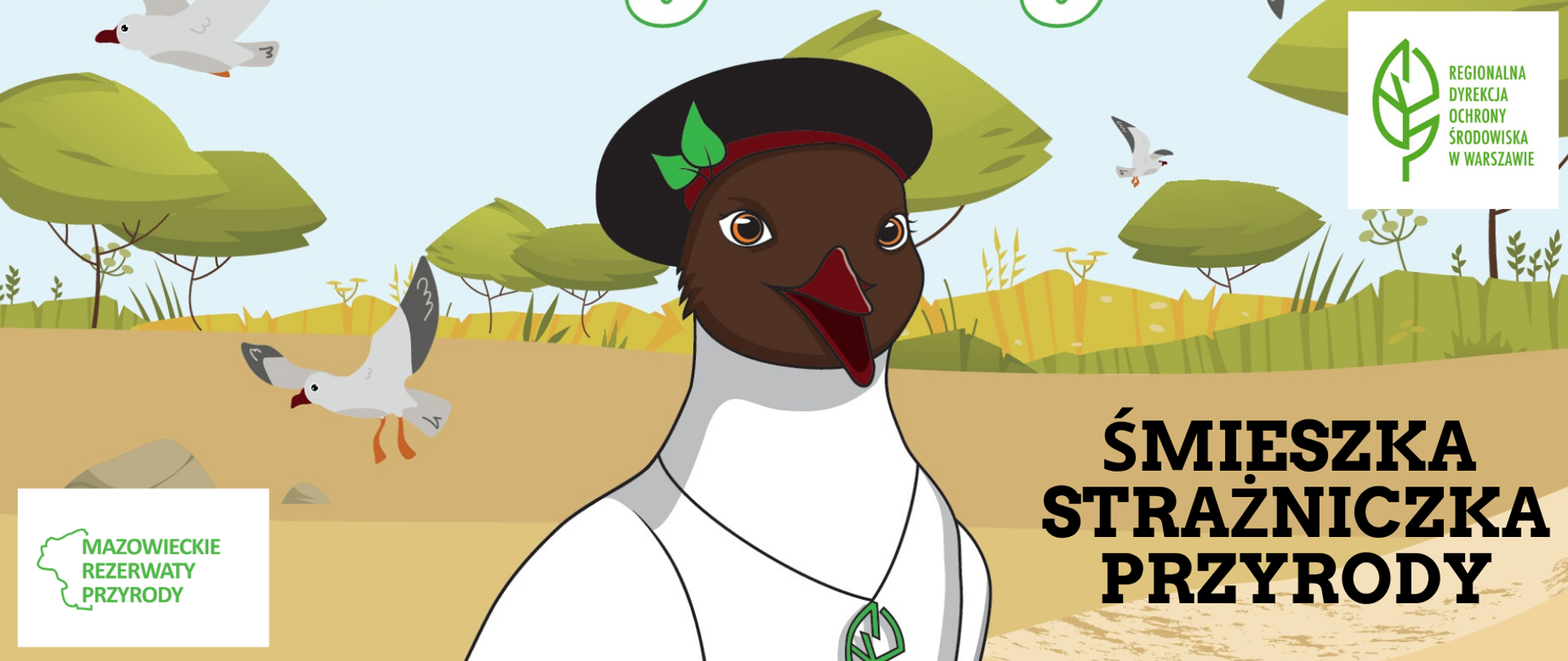 Rysunek ptaka na pierwszym planie w tle drzewa i inne ptaki. Napisy i logotypy