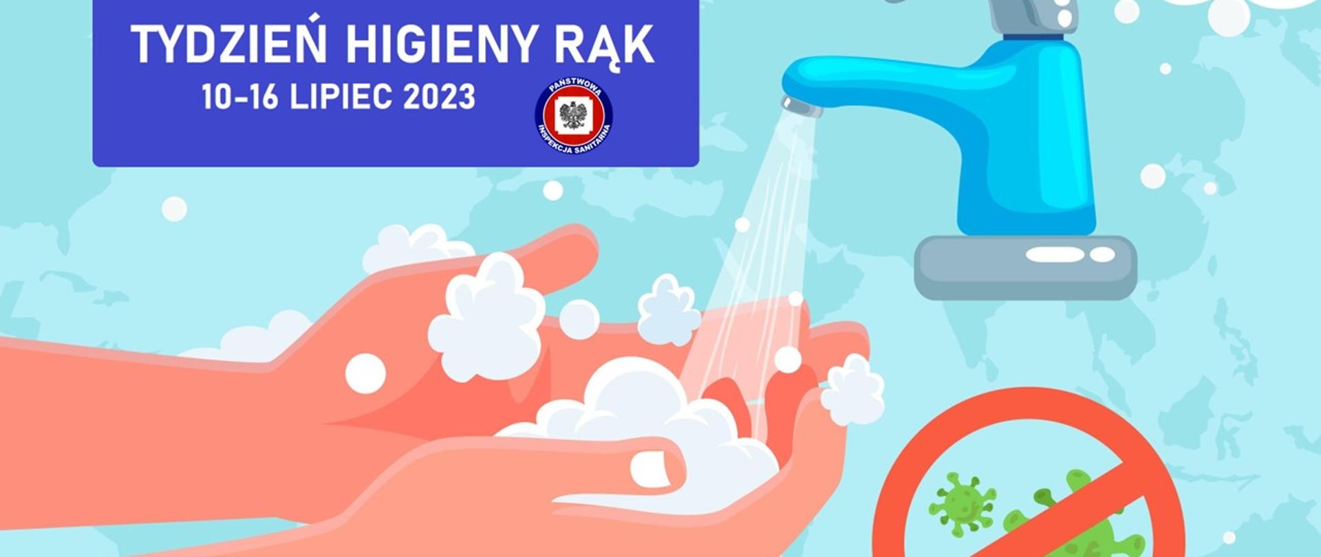 Grafika, ręce w mydlanej pianie pod kranem i odkręconą wodą, przekreślone wirusy.