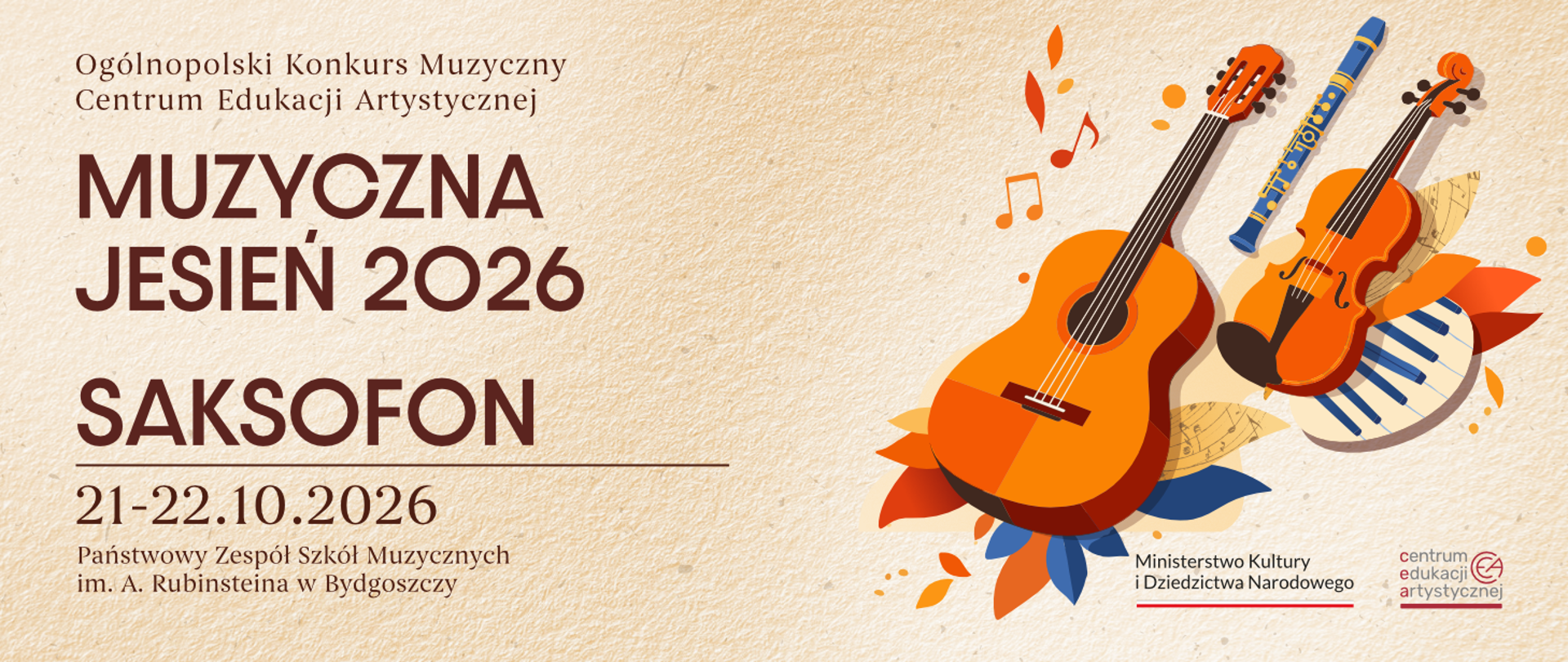 na różowym tle po prawej stronie brązowa gitara i kontrabas, ponizej napis czarnymi literami ministerstwo kultury i dziedzictwa narodowego obok napis szarym kolorem centrum edukacji artystycznej, po lewej stronie brązowe napisy muzyczna jesień 2026