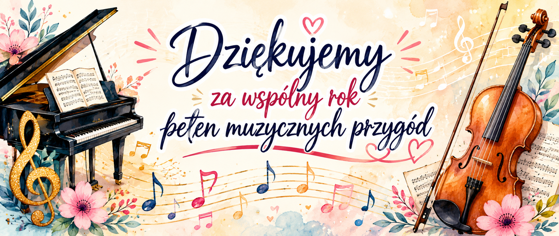 Pozioma grafika z okazji zakończenia roku w szkole muzycznej. Na jasnym, dekoracyjnym tle umieszczono duży napis: „Dziękujemy za wspólny rok pełen muzycznych przygód”. Po lewej stronie znajduje się fortepian z otwartymi nutami, otoczony kwiatowymi i muzycznymi motywami. Po prawej widoczne są skrzypce, zapis nutowy oraz ozdobne elementy w pastelowych i złotych odcieniach. Całość ma uroczysty, ciepły i artystyczny charakter, nawiązujący do edukacji muzycznej i wspólnego świętowania zakończenia roku.