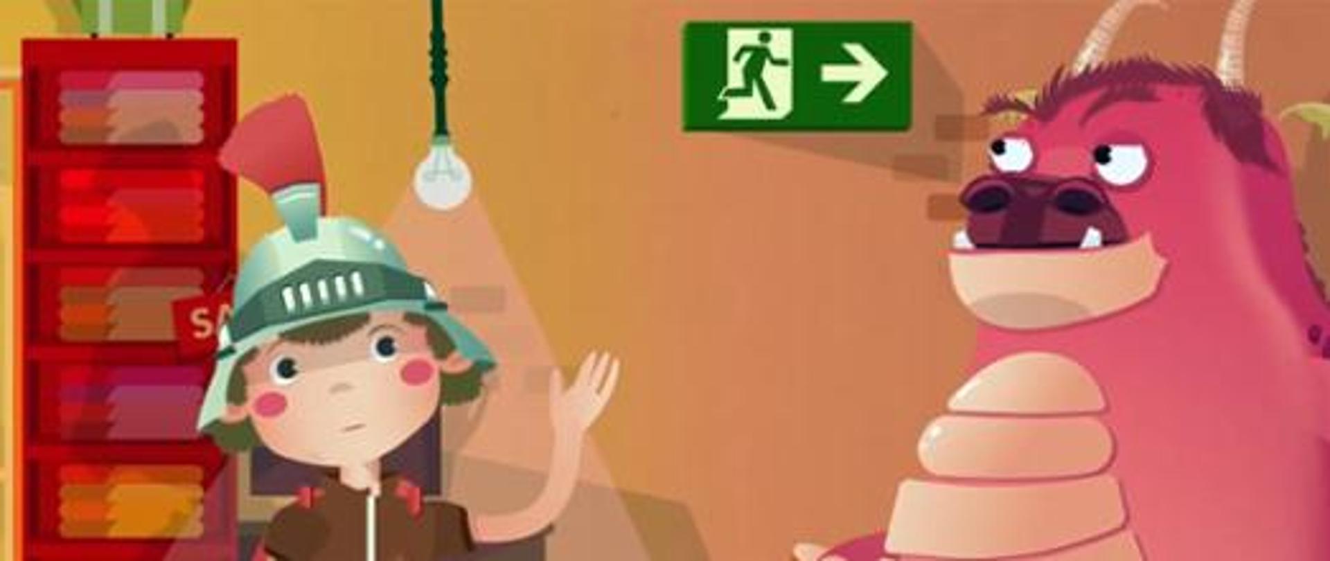 Fotografia nawiązuje do artykułu na temat filmów edukacyjnych dla dzieci i młodzieży. Na pierwszym planie widać różowego smoka oraz dziecko w stroju rycerza nawiązując do postaci z bajki. W tle widać świecącą się żarówkę oraz znak wyjście ewakuacyjne nawiązujący do informacji zawarty w filmie edukacyjnym