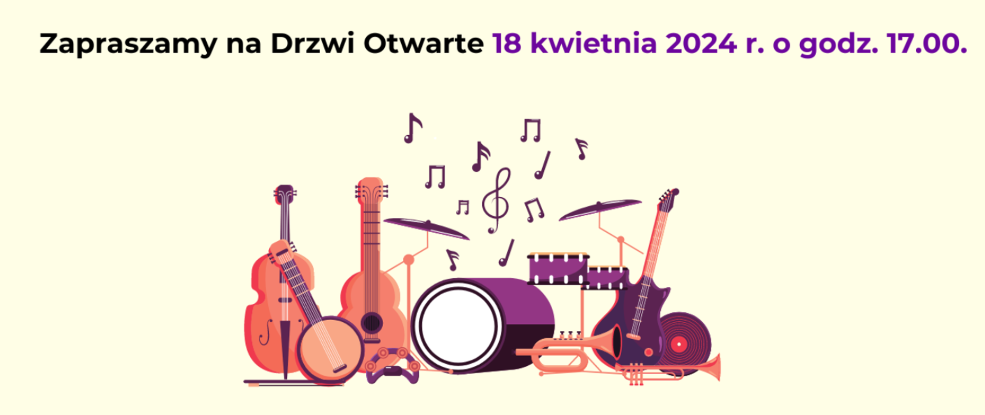 Plakat wydarzenia z grafiką instrumentów muzycznych w kolorach pomarańczowym i fioletowym