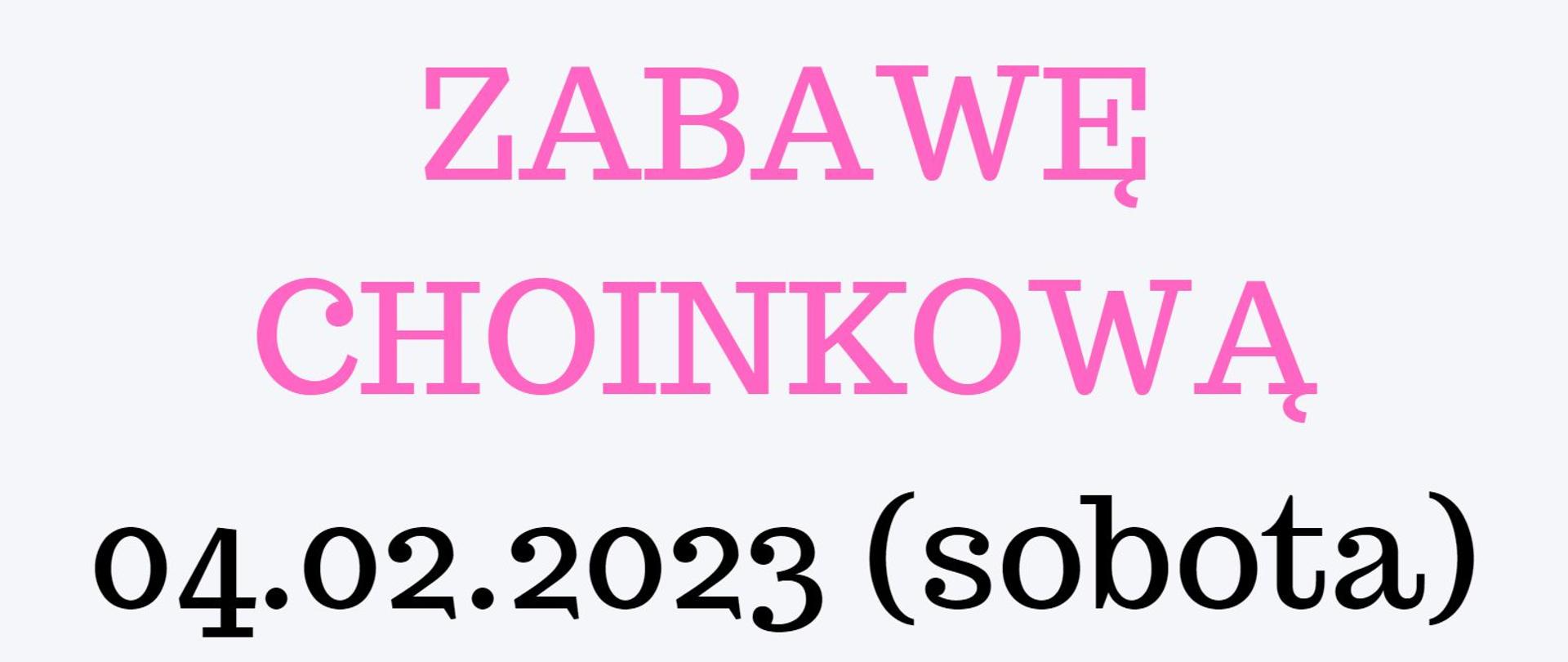 Plakat na białym tle z elementami dekoracji w kolorze niebieskim i różowym. Na całości plakatu istnieją informacje o zabawie choinkowej w kolorach niebieskim, różowym i czarnym.