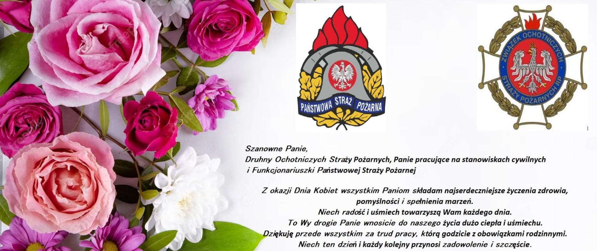 Zdjęcie przedstawia kartkę z życzeniami na dzień kobiety. Z lewej strony Różowe róże u góry logo PPS i ZOSP RP