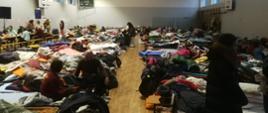 Zdjęcie przedstawia salę gimnastyczną, na której rozstawione są łóżka polowe oraz ekwipunek uchodźców z Ukrainy.