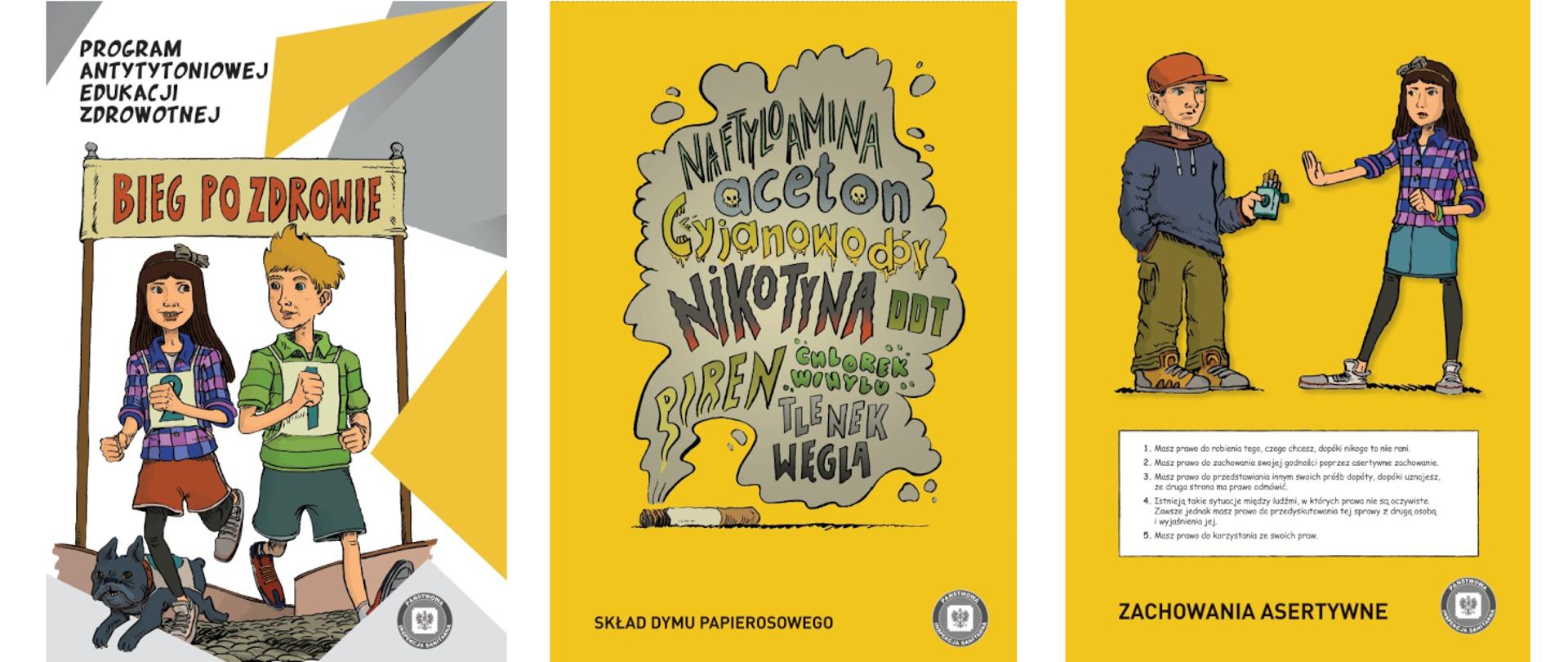 Trzy miniatury plakatów na jednym obrazie. Pierwszy to postacie komiksowe - chłopiec i dziewczynka oraz ich pies, biegną do mety, na której jest napis "Bieg po zdrowie", czyli tytuł programu. Drugi na żółtym tle niedopałek papierosa, nad niedopałkiem szary dymek, a w dymku napisane nazwy substancji chemicznych, które wchodzą w skład dymu tytoniowego. Trzeci na żółtym tle postacie komiksowe, chłopiec w wyciągniętej dłoni trzyma paczkę papierosów, częstuje dziewczynkę, dziewczynka ma wyciągniętą dłoń w geście "stop", odmawia papierosa, pod postaciami napis - prawa asertywnego odmawiania palenia papierosów