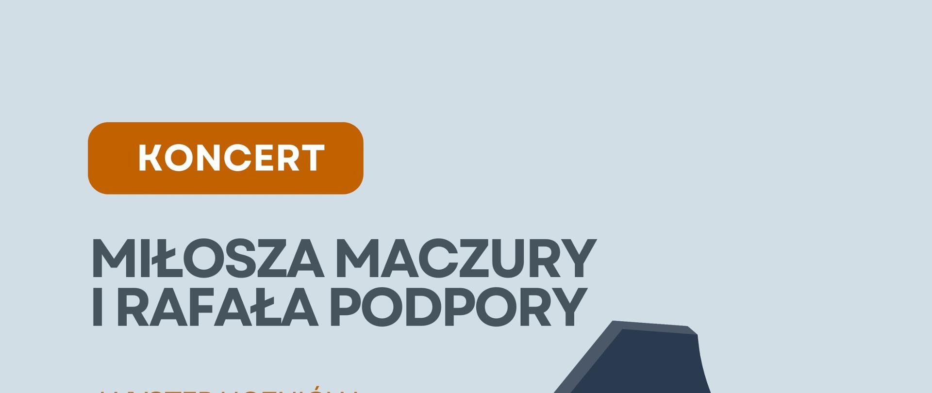 w centralnej części fortepian pod spodem informacja kiedy i gdzie odbędzie się koncert oraz kto przygotował uczniów do występu, w lewym górnym rogu informacja "Koncert Miłosza Maczury i Rafała Podpory występ uczniów przygotowujących się do XV Ogólnopolskiego Konkursu Pianistycznego Dziesięciolatków". 