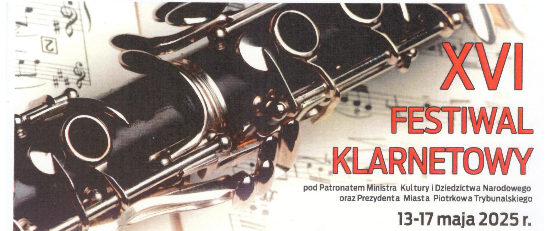 Na jasnym tle u góry obrazek klarnetu, w prawym rogu napis XVI Festiwal Klarnetowy 13-17 maja 2025 , po środku informacja o zdobyciu III nagrody w grupie I przez Nikodema Trzepałkę.