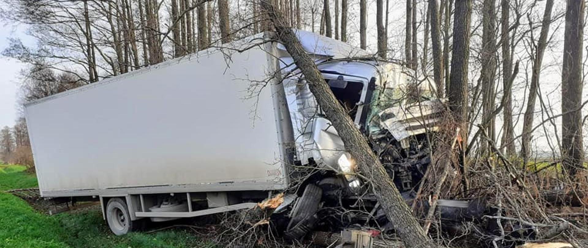 Wypadek Rogowo-Folwark. Na zdjęciu ciężarówka, która zjechała do rowu i uderzyła w drzewo.