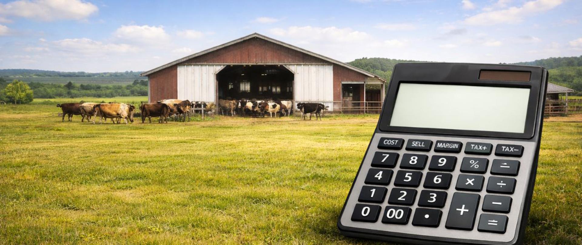 Bydło rzeźne wychodzace z obory, na pierwszym planie obraz kalkulatora