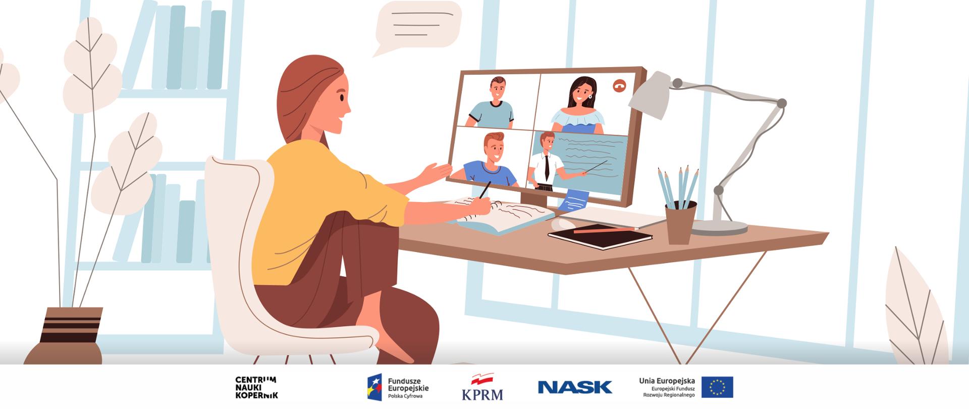 Grafika wektorowa - kobieta siedząca za biurkiem (jedną nogę trzyma na krześle), bierze udział w spotkaniu edukacyjnym online.