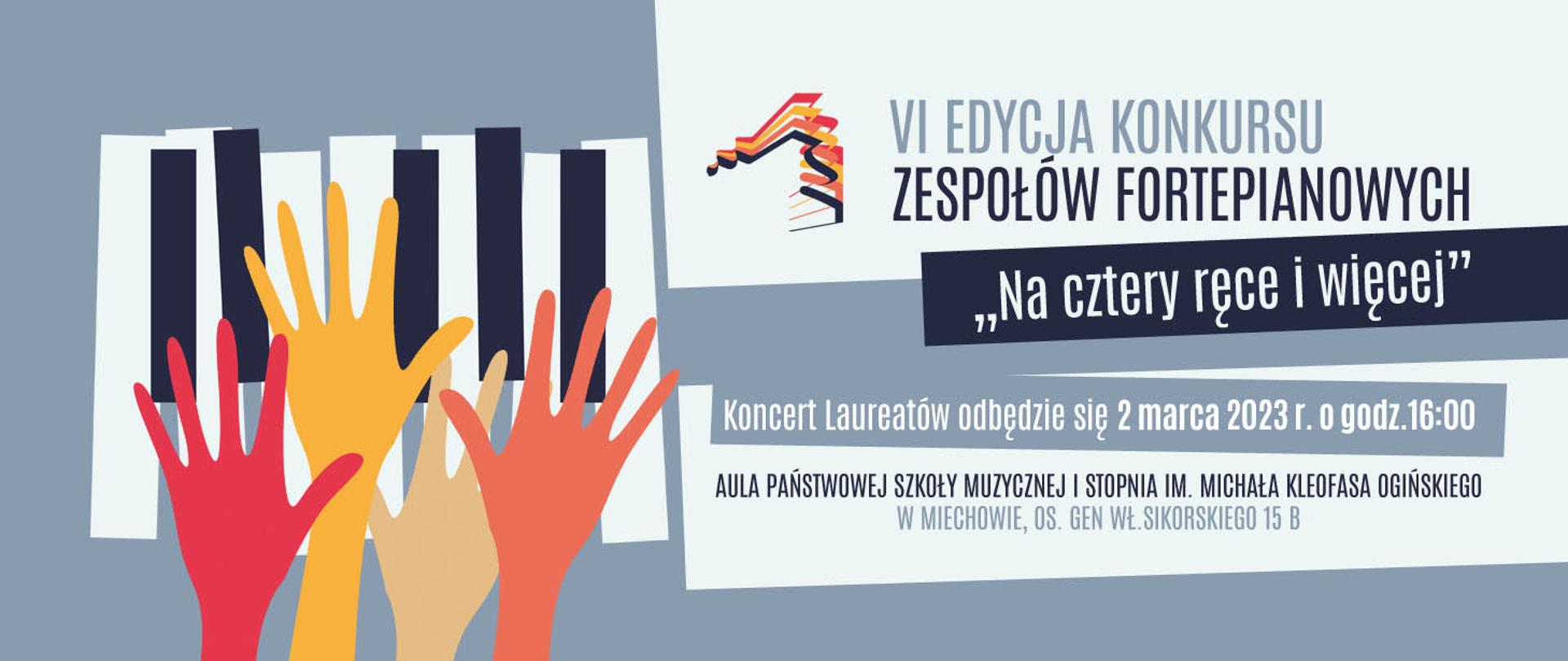 Grafika przedstawia cztery kolorowe dłonie grające na fortepianie