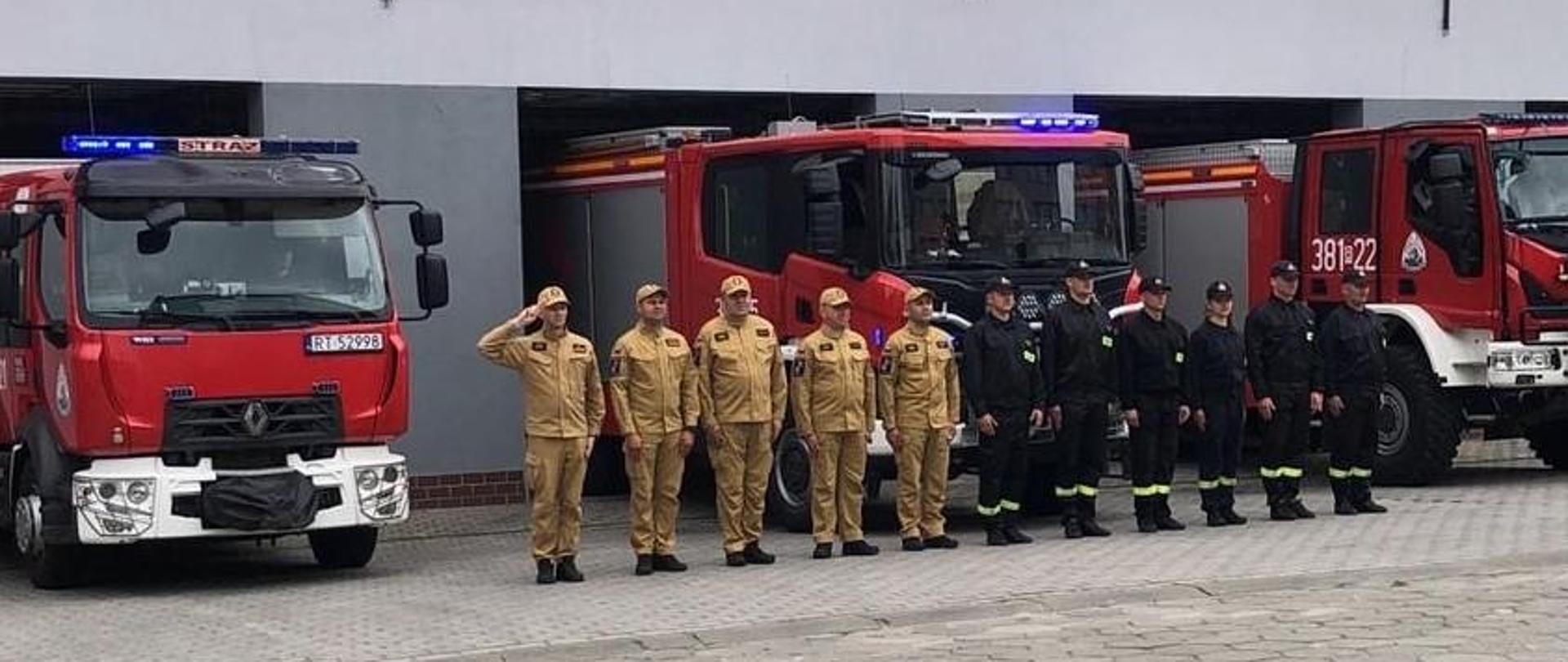 Strażacy stoją na zbiórce przed budynkiem remizy. 