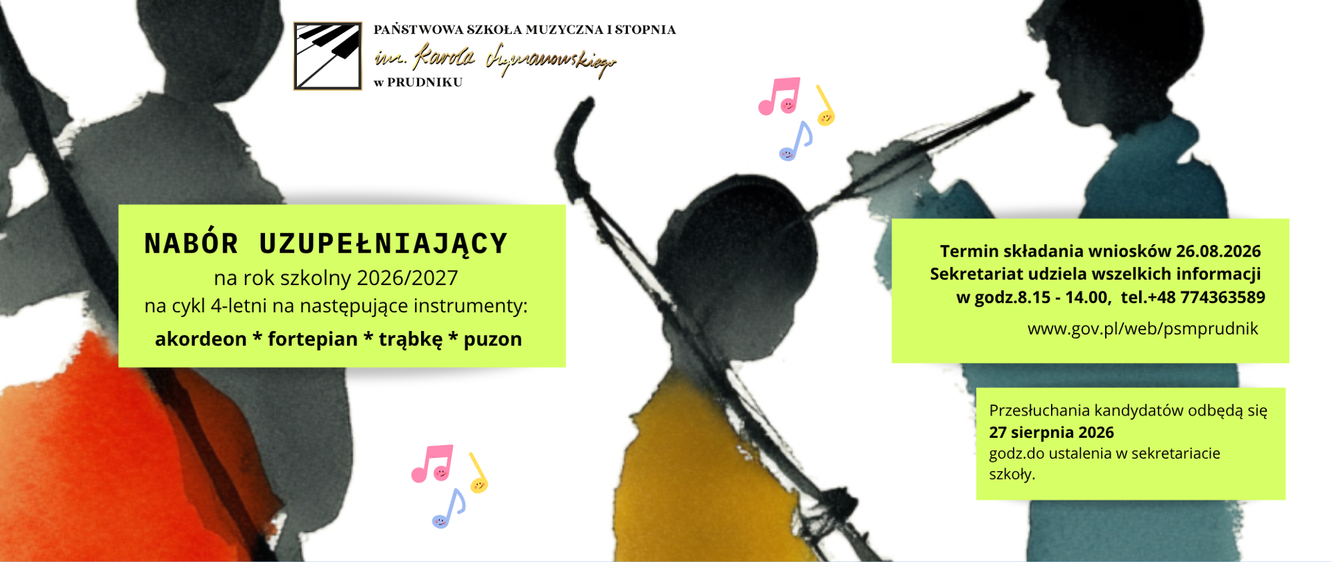 Baner z informacją o naborze uzupełniającym do szkoły na rok szkolny 2026/2027. Na białym tle kolorowa grafika przedstawiająca grające na instrumentach dzieci. W lewym górnym rogu logo szkoły.