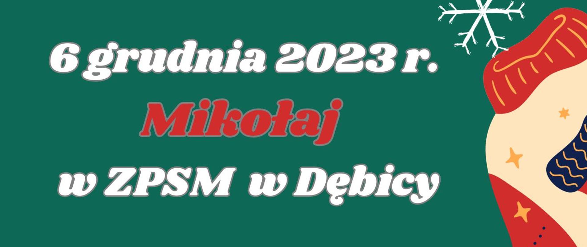 Plakat z informacją - zaproszenie do wspólnej mikołajkowej zabawy w dniu 6 grudnia 2023r. polegającej na np. ubraniu się w kolory zimowe z motywem Mikołaja lub świąt, założeniu zabawnych mikołajkowych lub świątecznych gadżetów; tło plakatu zielone ozdobione śnieżynkami oraz kolorowymi swetrami z motywem świątecznym 