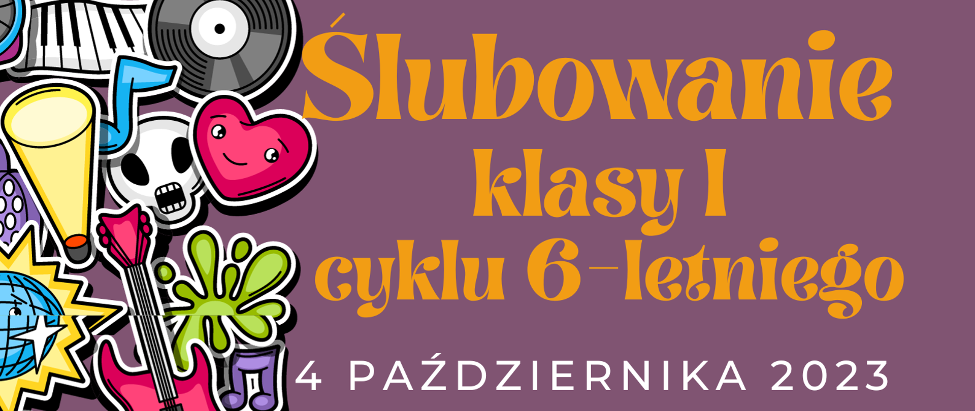 fioletowe tło, po lewej stronie kolorowe obrazki gitary, płyty analogowej gwiazdki, chmurki, pośrodku białe i żółte napisy z informacją o wydarzeniu