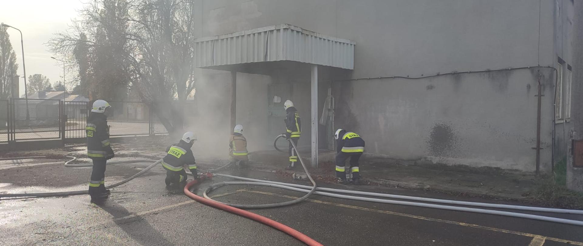Strażacy z wężami pożarniczymi przed wejściem do zadymionego budynku