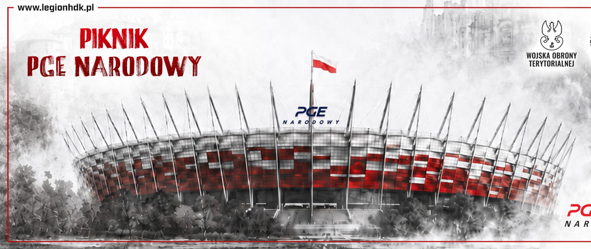 Grafika przedstawia panoramiczne ujęcie Stadionu PGE Narodowego w Warszawie na jasnym tle. Całość utrzymana jest w biało-czerwonej i szarej kolorystyce z elementami grafiki grunge (teksturowane tło i napisy). Na dachu stadionu powiewa flaga Polski, a wokół widoczne są zarysy drzew i miejskiej zabudowy.