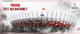 Grafika przedstawia panoramiczne ujęcie Stadionu PGE Narodowego w Warszawie na jasnym tle. Całość utrzymana jest w biało-czerwonej i szarej kolorystyce z elementami grafiki grunge (teksturowane tło i napisy). Na dachu stadionu powiewa flaga Polski, a wokół widoczne są zarysy drzew i miejskiej zabudowy.