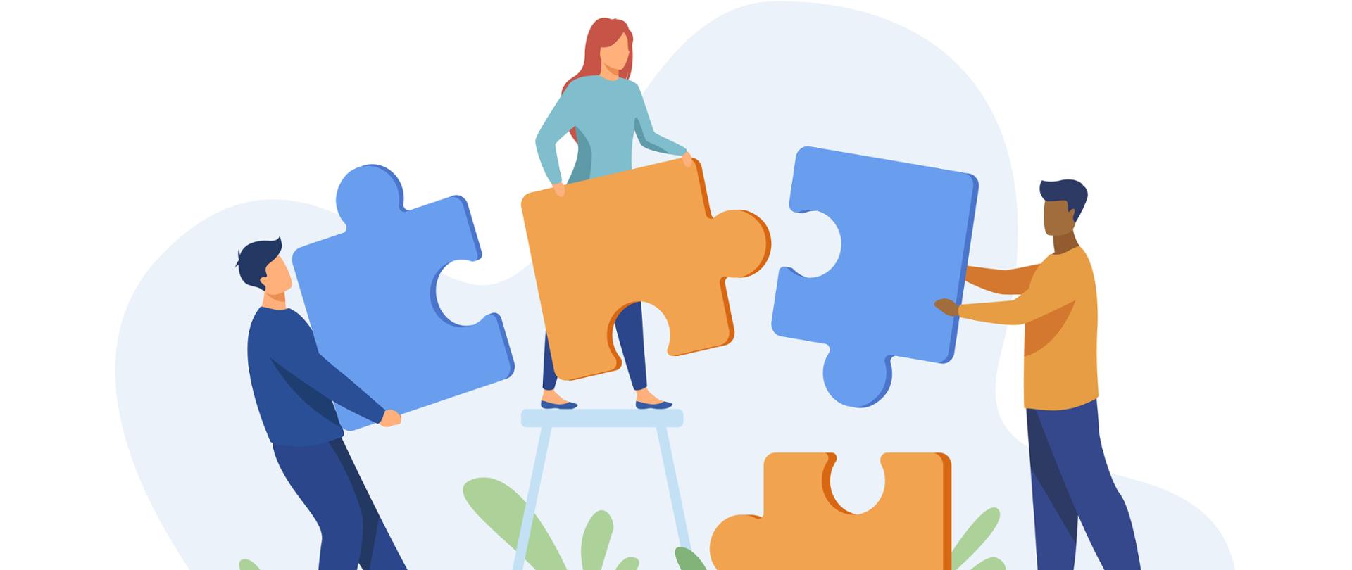 Partnerzy trzymający duże puzzle płaska ilustracja wektorowa. Udane partnerstwo, komunikacja i metafora współpracy. Koncepcja pracy zespołowej i współpracy biznesowej.