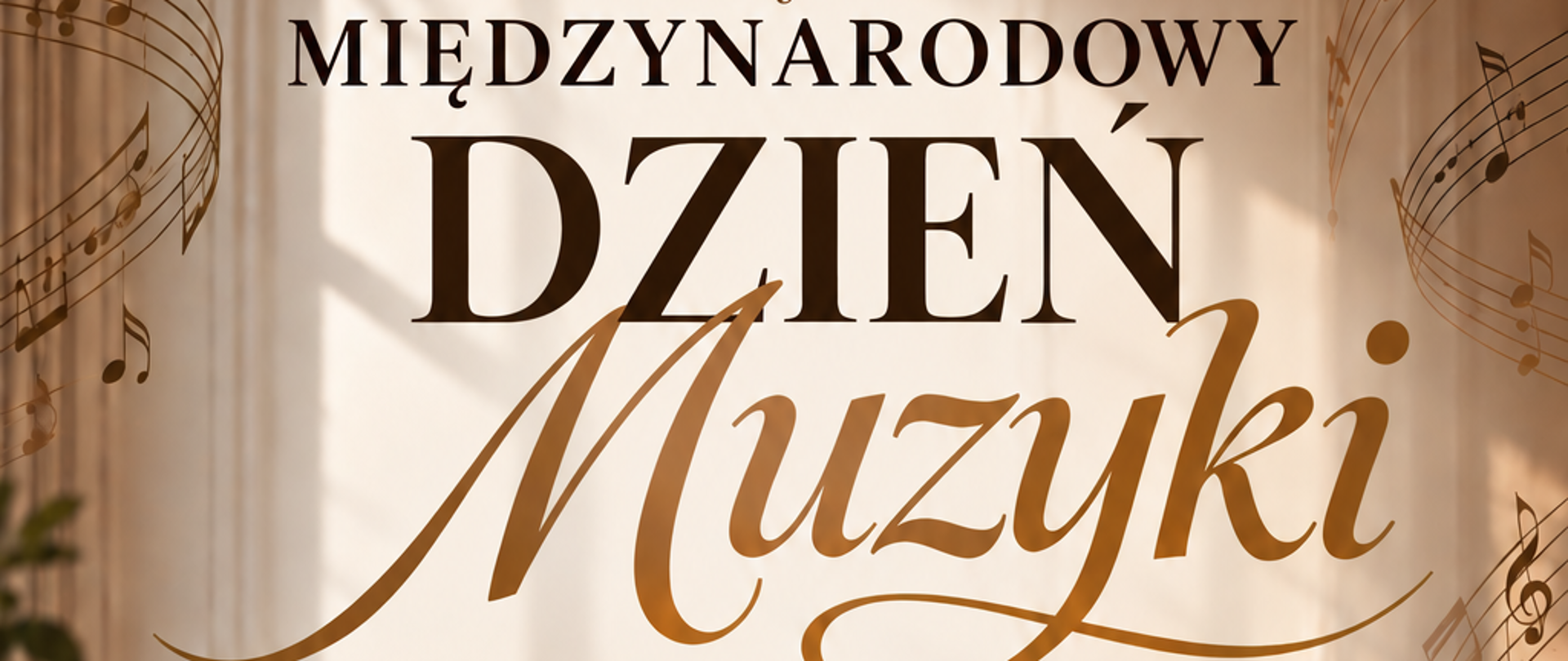 Plakat zapowiadający Międzynarodowy Dzień Muzyki przedstawia eleganckie wnętrze jasnej, klasycznej sali koncertowej ze smugami światła słonecznego padającymi na drewniany parkiet. Na pierwszym planie po prawej stronie stoi czarny fortepian skrzydłowy, a po lewej stronie widoczne są instrumenty smyczkowe – wiolonczela oraz stojące za nią skrzypce, rozstawione obok pulpitów nutowych i krzeseł. W tle i po bokach kompozycji unoszą się subtelne, graficzne motywy pięciolinii z nutami. W górnej i środkowej części plakatu umieszczono napisy w języku polskim o zróżnicowanej wielkości i stylach fontów. Tekst od góry głosi: „PAŃSTWOWA SZKOŁA MUZYCZNA I i II st. im. KAROLA SZYMANOWSKIEGO w ZAMOŚCIU”, poniżej znajduje się duży napis „MIĘDZYNARODOWY DZIEŃ Muzyki”, pod którym dopisano: „KONCERT NAUCZYCIELI NASZEJ SZKOŁY Będą niespodzianki muzyczne!”. W dolnej części plakatu, pod poziomą linią, zamieszczono trzy ikony (kalendarz, zegar oraz pinezkę lokacji) wraz z informacjami organizacyjnymi: „7 PAŹDZIERNIKA”, „17.00” oraz „SALA KAMERALNA”.