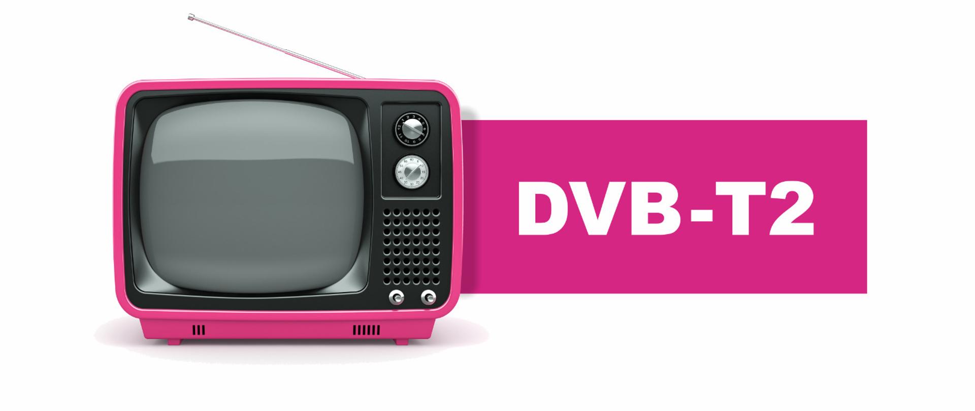 Zdjęcie na białym tle - z lewej strony różowy telewizor starego typu, obok na różowej belce napis DVB-T2.