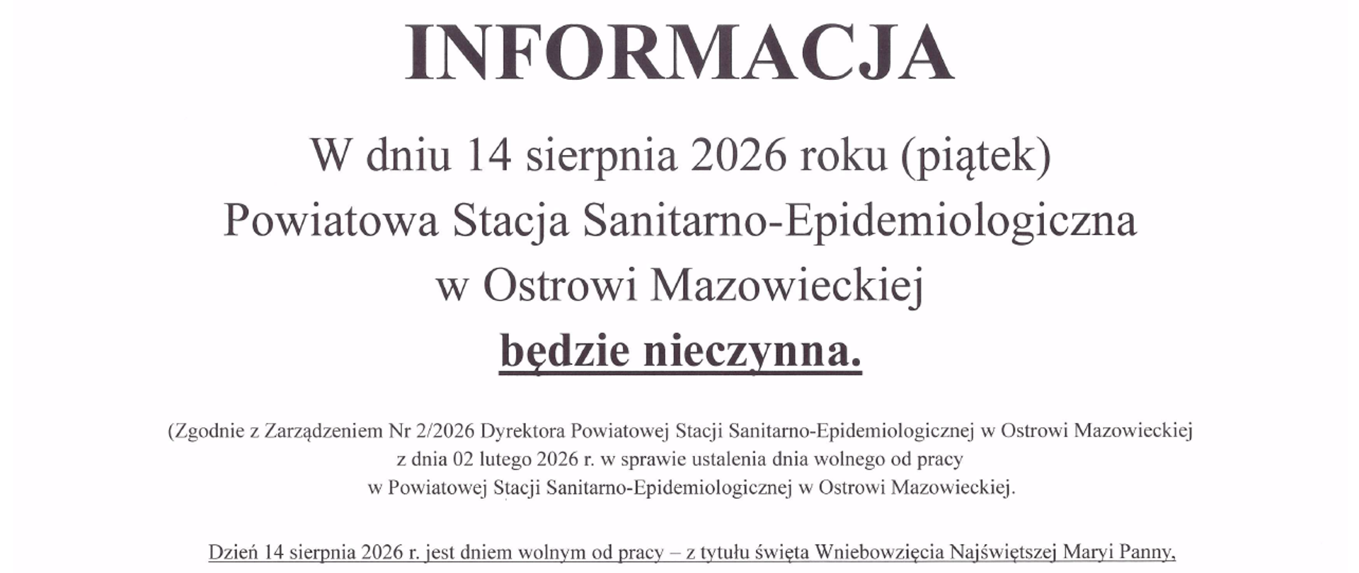 14 sierpnia 2026 PSSE w Ostrowi Mazowieckiej będzie nieczynna