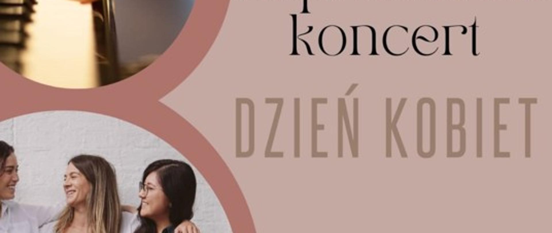 Plakat zawierający grafikę o tematyce związanej z muzyką połączoną ze świętem Dnia Kobiet, informujący o koncercie, który odbędzie się w dniu 7 marca 2025 r. o godzinie 16:00 w auli Państwowej Szkoły Muzycznej I i II stopnia w Nowym Targu - filia w Jaworkach
