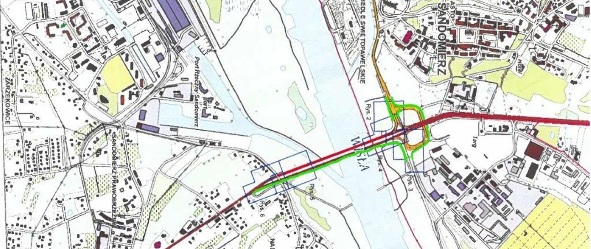 DK77 most w Sandomierzu - mapka ze schematem nowej organizacji ruchu pieszego 