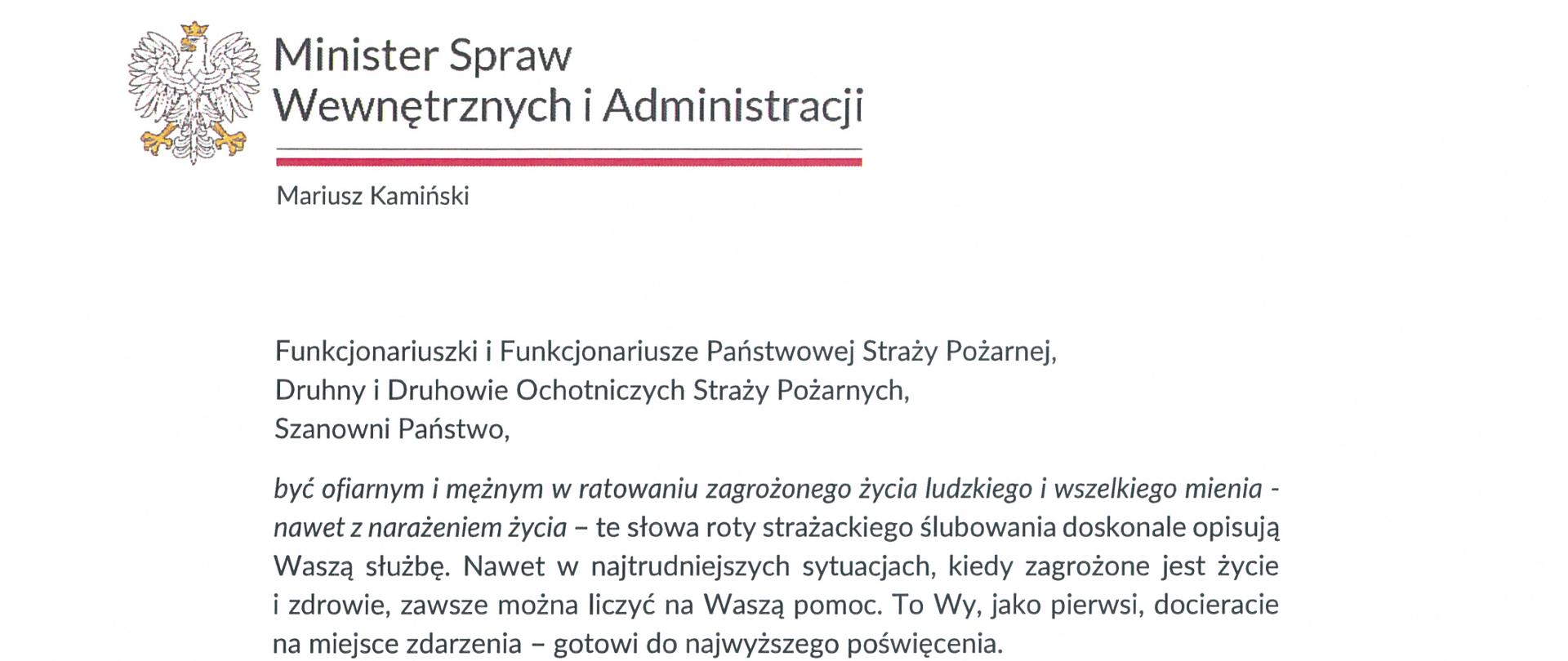Zdjęcie przedstawia życzenia Ministra Spraw Wewnętrznych i Administracji z okazji Dnia Strażaka