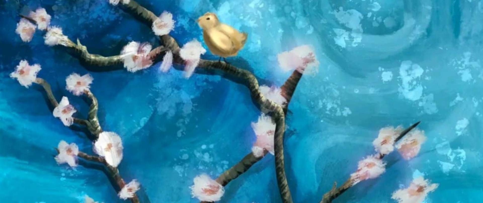 Obraz przedstawiający dwa żółte, małe ptaki na okwieconych gałęziach drzewa. Tło w tonacjach błękitno-niebieskich.