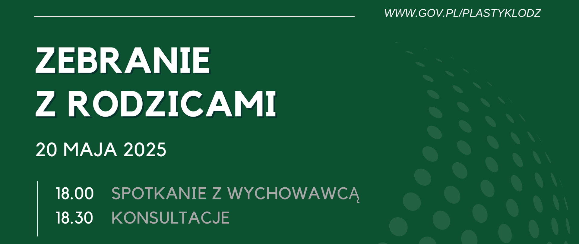Wielobarwna grafika informująca o terminie zebrania z rodzicami: 20 maja 2025, 18.00, konsultacje 18.30
